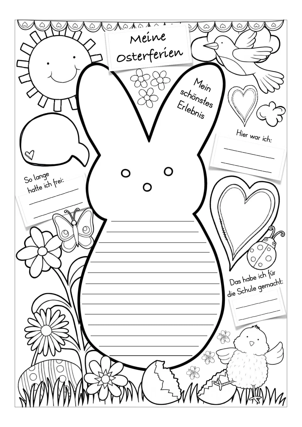 German Easter vacation worksheet version 2: a full bunny to color and prompts about time off and schoolwork
