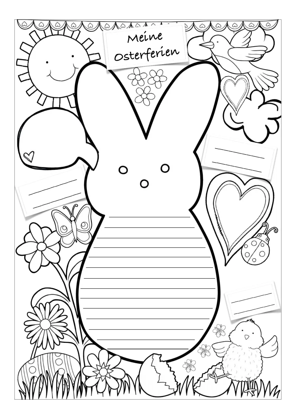German Easter vacation worksheet version 3: a bunny to color and fill with writing, without labeled prompts