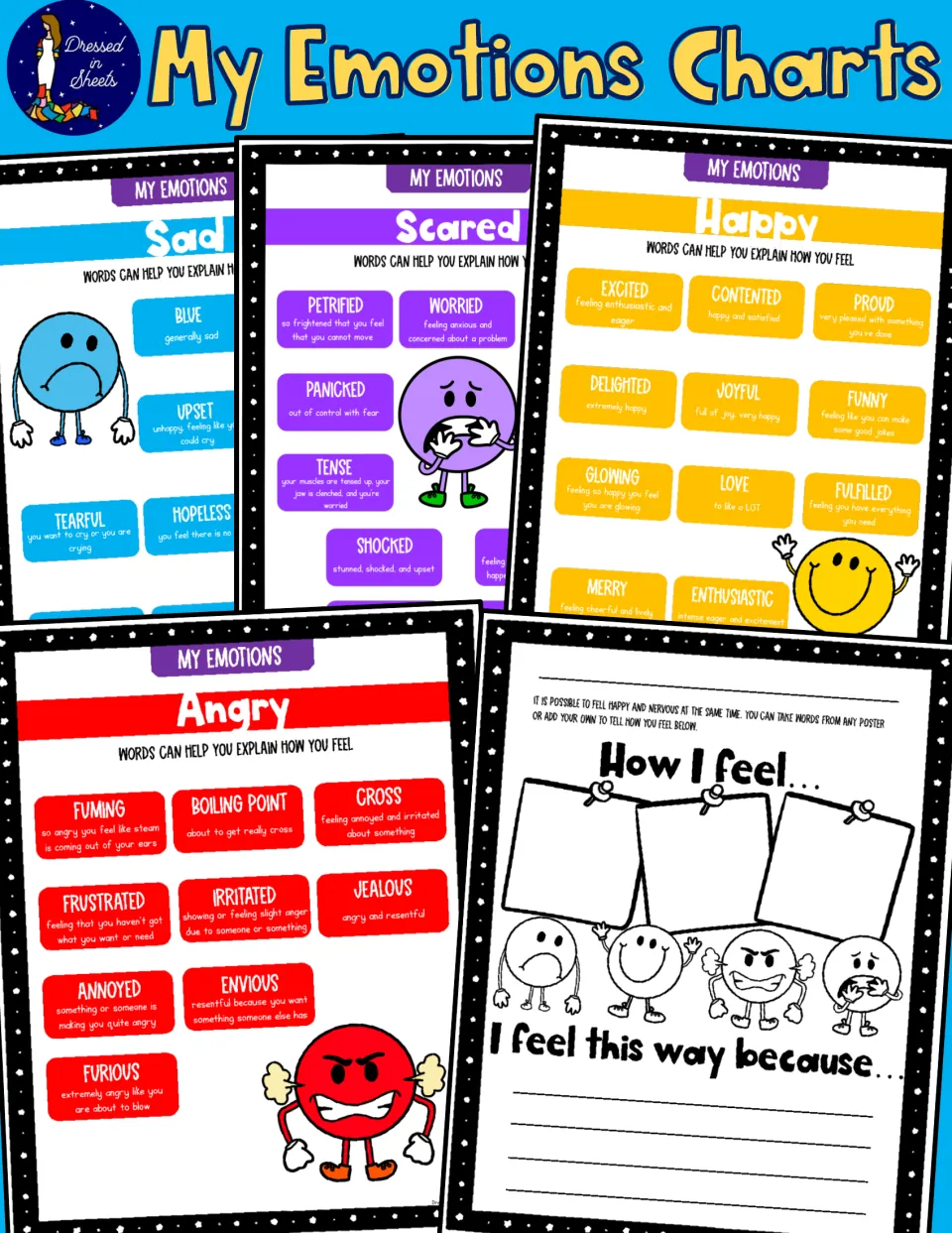 Emotions charts cover: sad, scared, happy and angry feeling-word posters plus a How I feel writing page