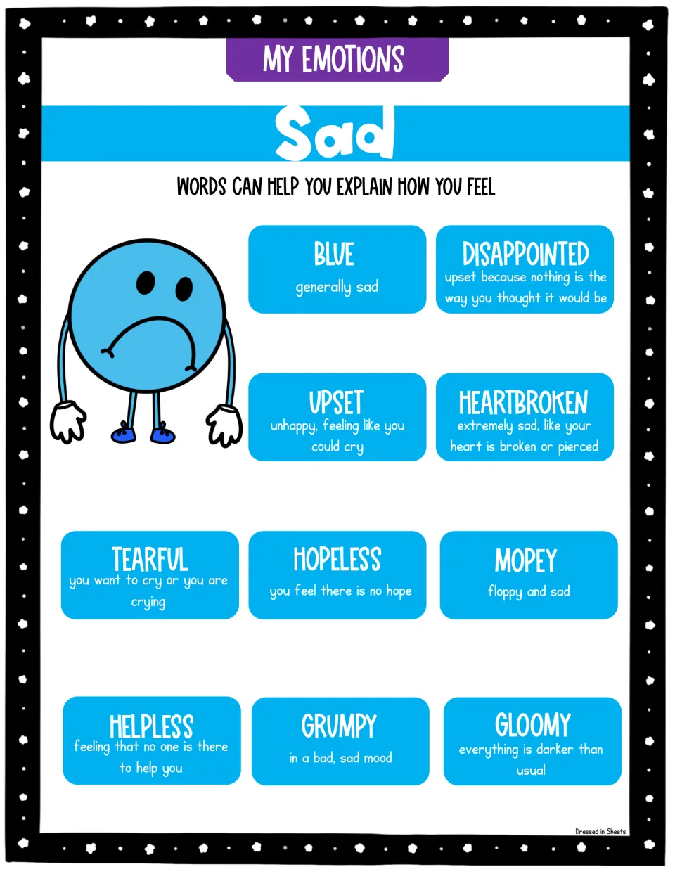 Sad feelings vocabulary poster in blue defining blue, disappointed, upset, heartbroken, tearful, hopeless, mopey and gloomy