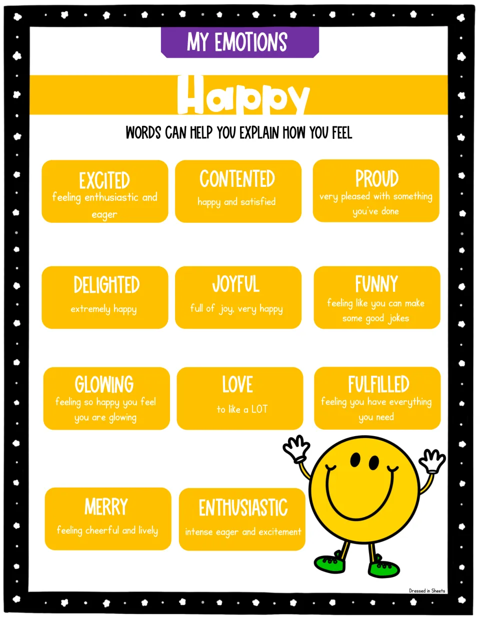 Happy feelings vocabulary poster in yellow defining excited, contented, proud, delighted, joyful, glowing, merry and more