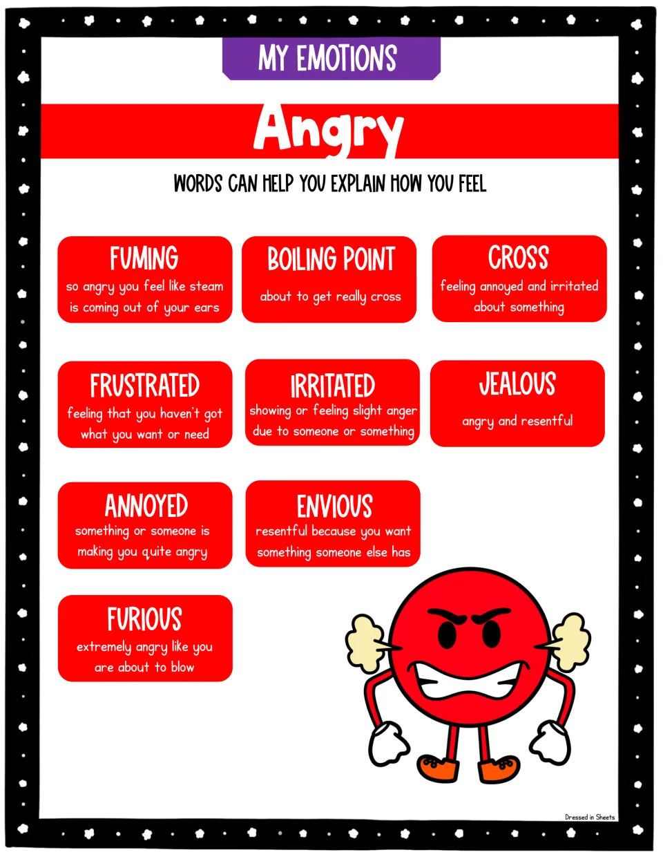 Angry feelings vocabulary poster in red defining fuming, boiling point, cross, frustrated, irritated, jealous and furious