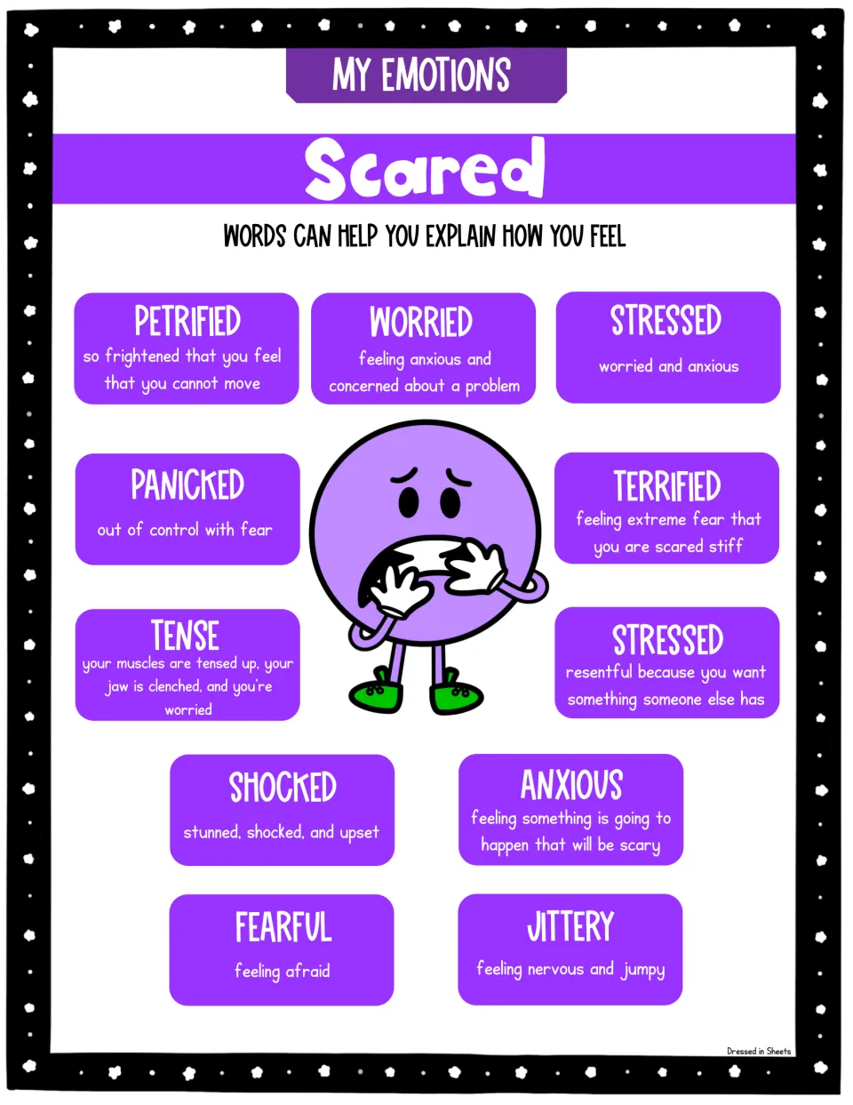 Scared feelings vocabulary poster in purple defining petrified, worried, stressed, panicked, tense, anxious and jittery