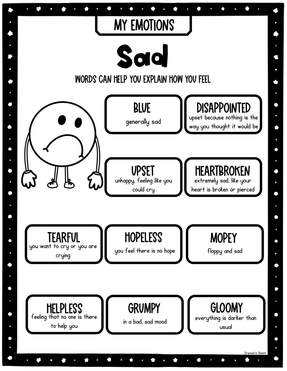 Sad feelings vocabulary poster in black and white with definitions for words like heartbroken, helpless, grumpy and gloomy