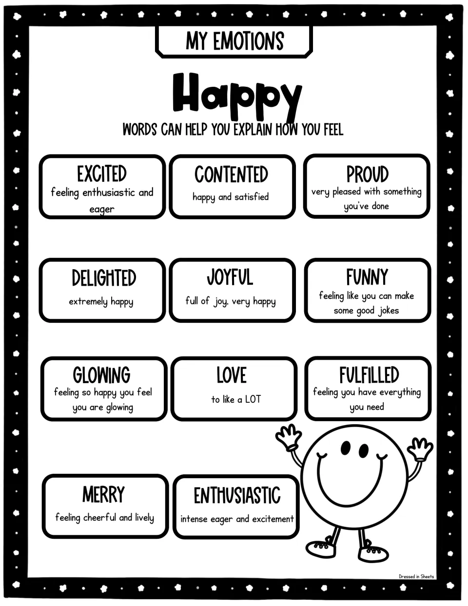 Happy feelings vocabulary poster in black and white with definitions for words like funny, love, fulfilled and enthusiastic