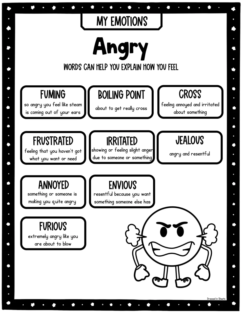 Angry feelings vocabulary poster in black and white with definitions for words like frustrated, annoyed, envious and furious