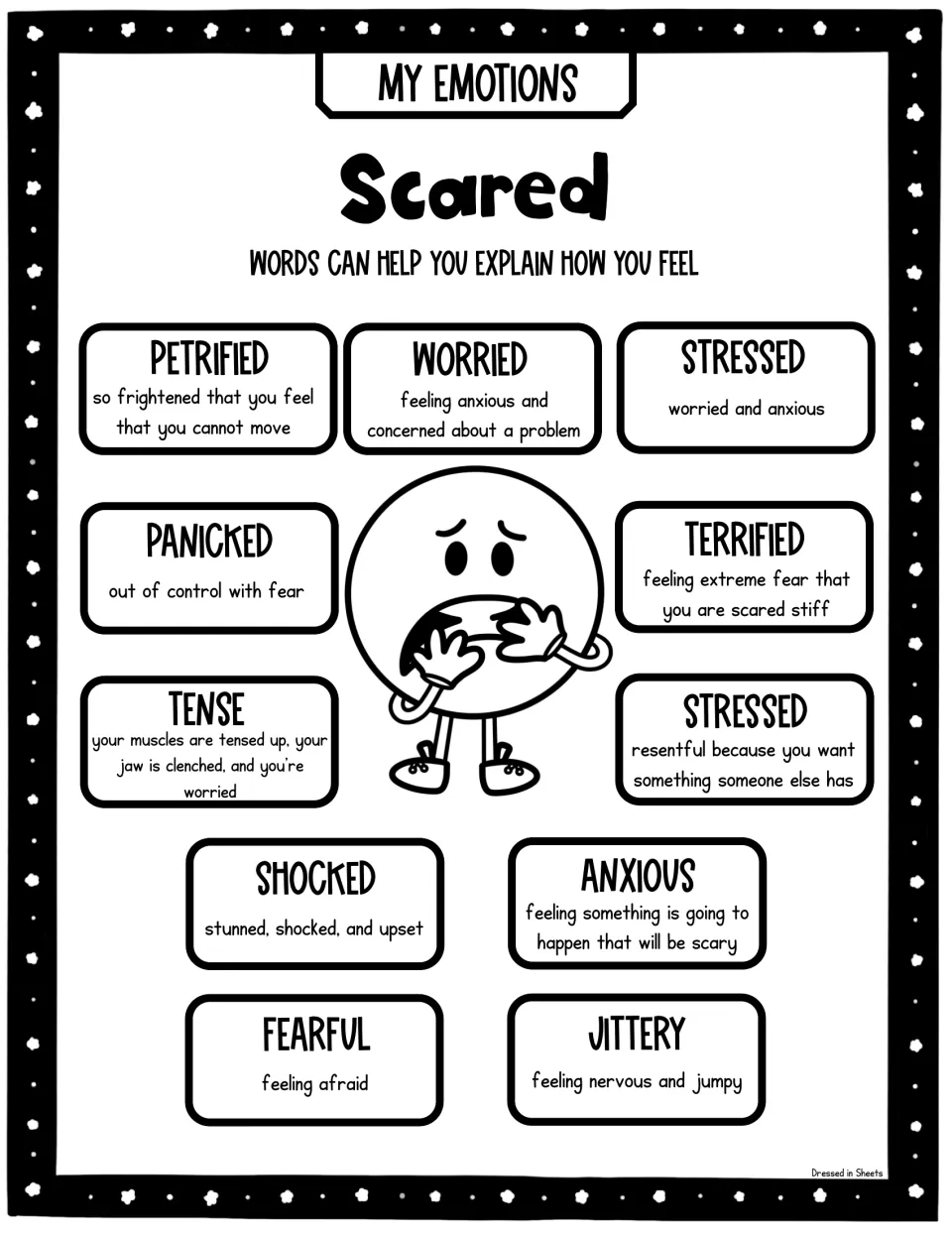 Scared feelings vocabulary poster in black and white with definitions for words like terrified, shocked, fearful and jittery