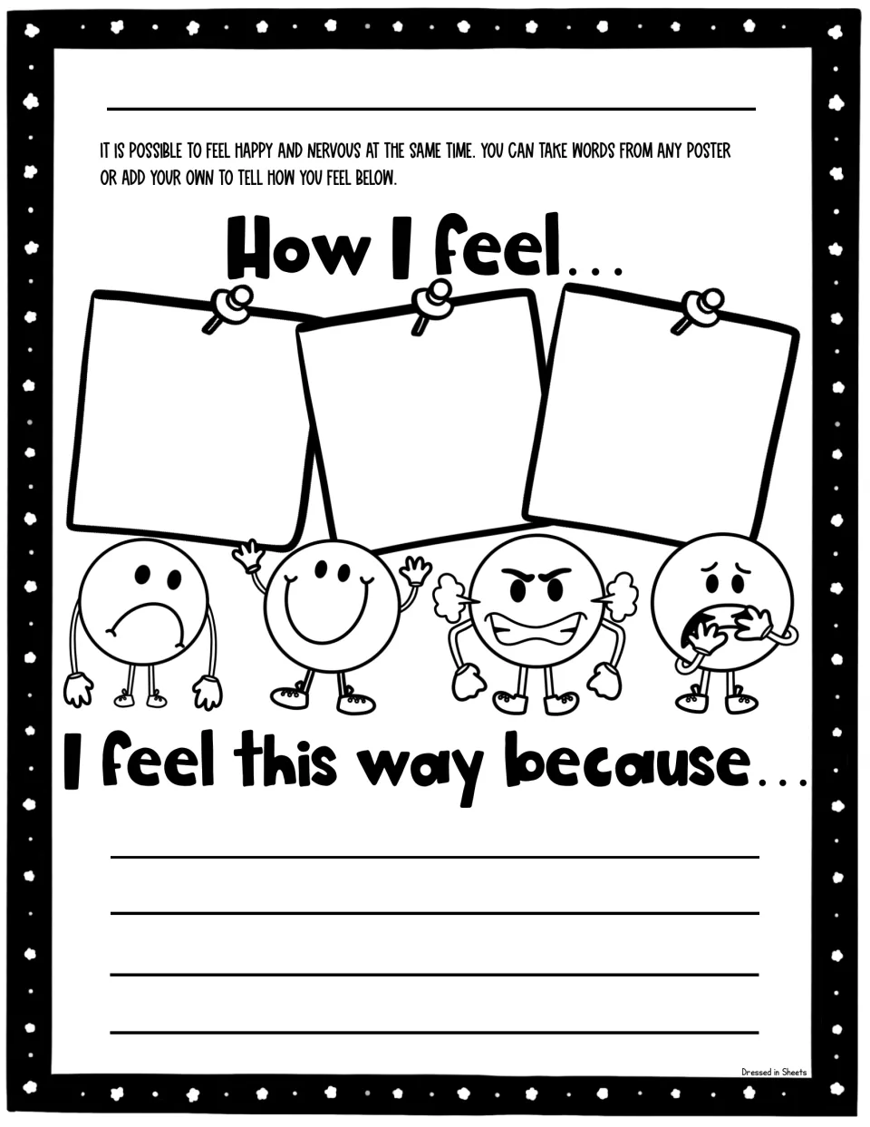 How I feel reflection: students write feeling words from the posters in three notes, then explain I feel this way because