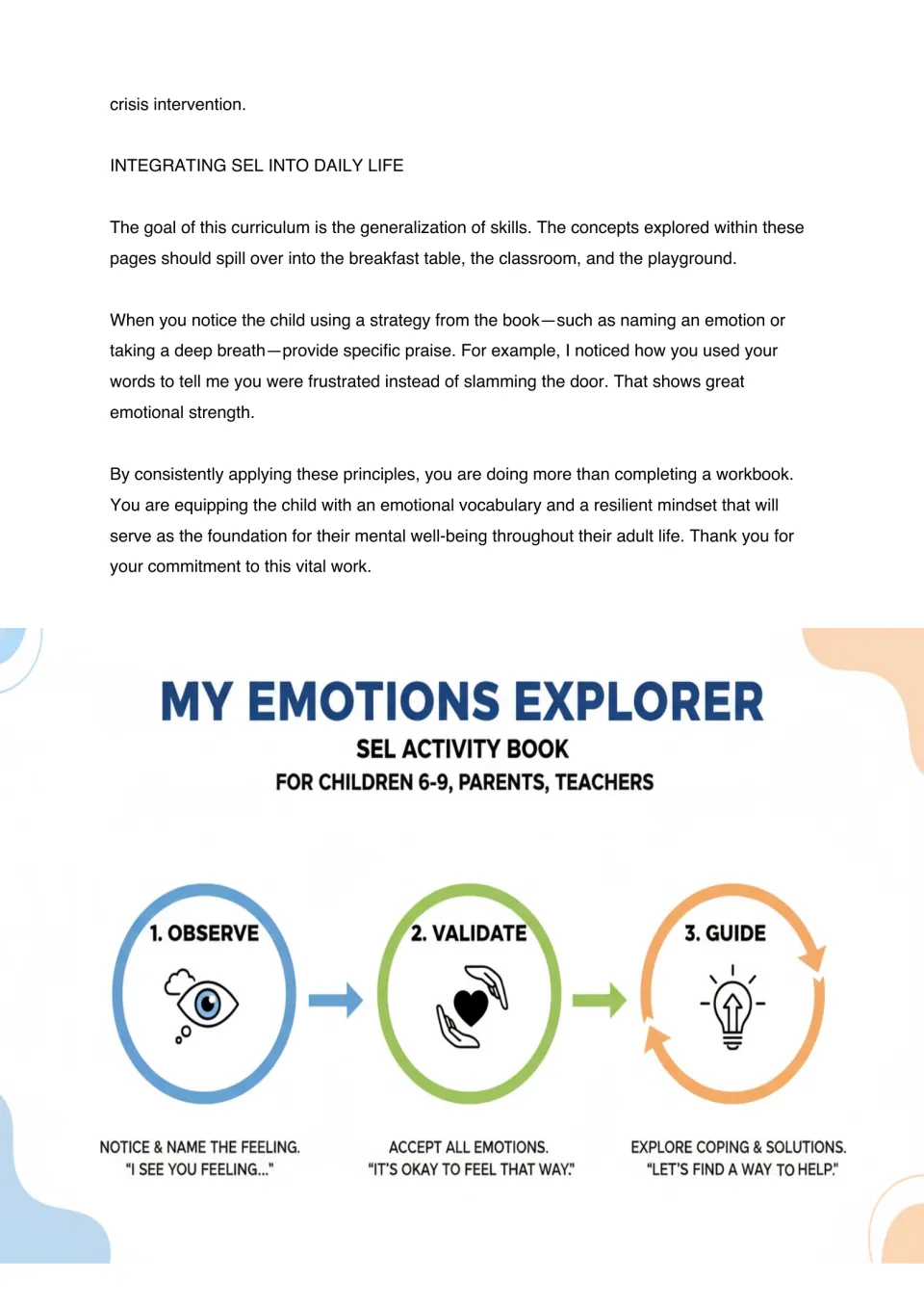 Adult guide conclusion explains daily SEL practice and illustrates three steps: observe, validate, and guide
