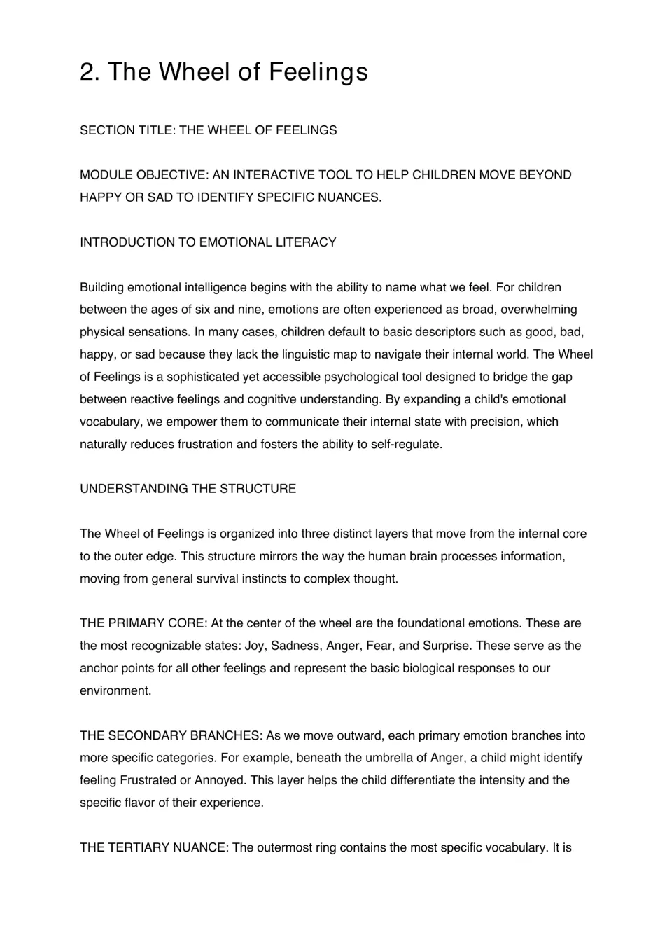 Wheel of Feelings introduction explains emotional vocabulary and three layers from core feelings to nuances