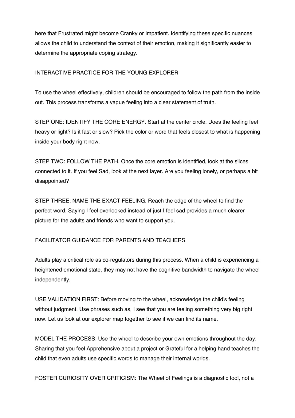 Wheel of Feelings instructions guide children to identify a core emotion, follow its path, and name the feeling