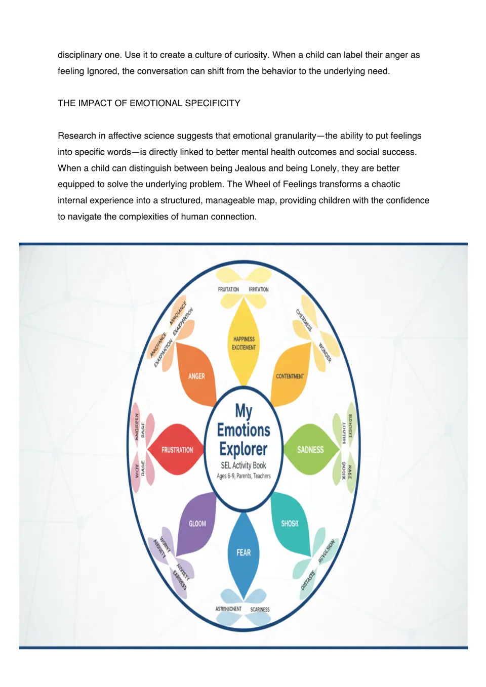 Wheel of Feelings conclusion discusses specific emotion words beside a diagram labeled anger, sadness, and fear