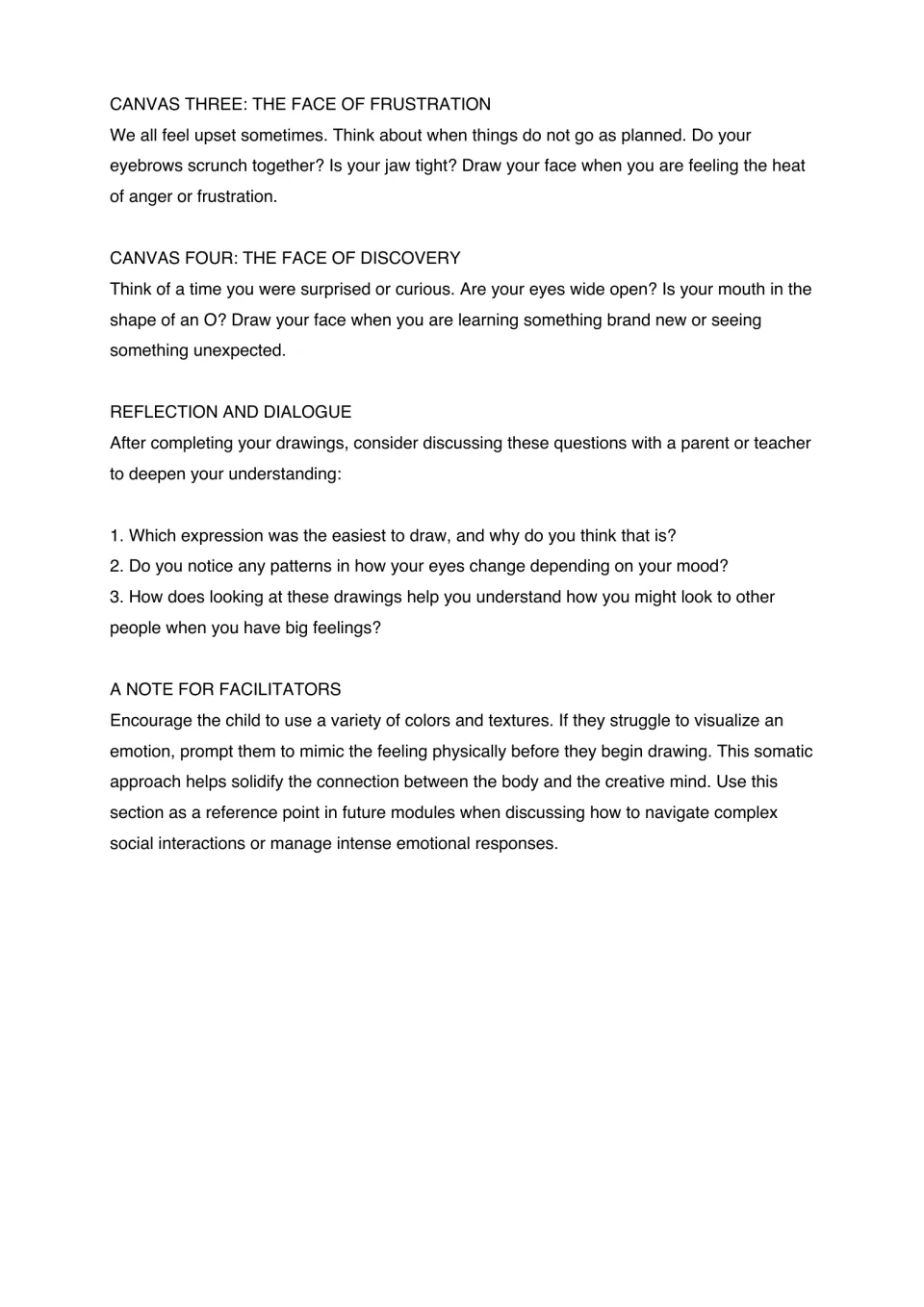 Draw Your Face continuation adds frustration and discovery prompts, reflection questions, and facilitator notes