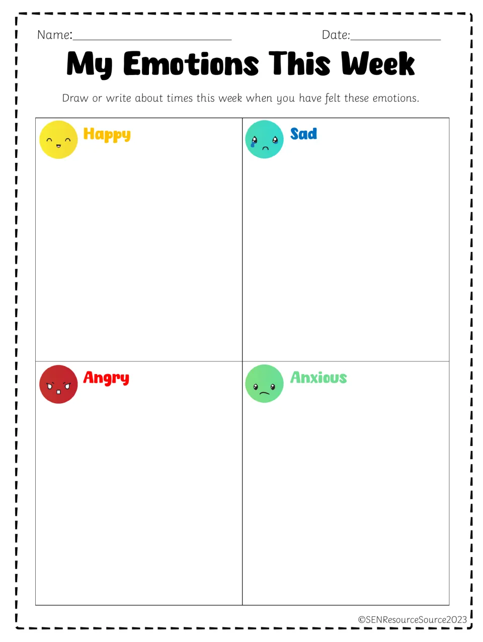 Emotion reflection: students draw or write about times this week they felt happy, sad, angry and anxious with emoji faces