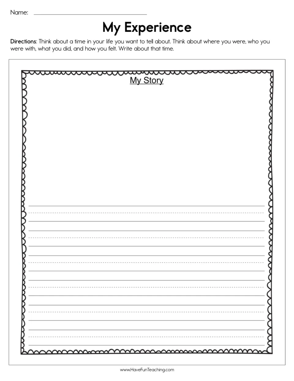 Personal narrative worksheet: My Story, with prompts for setting, companions, actions, and feelings.