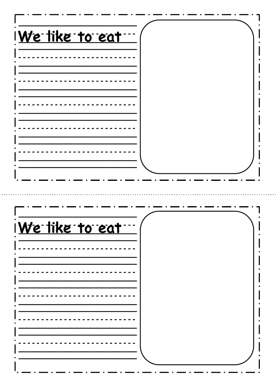 Family foods page: students complete We like to eat on handwriting lines and draw the meal in the picture frame