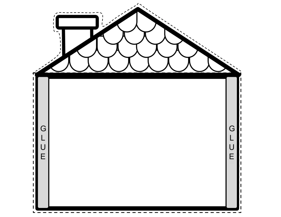 House back cut-out with scalloped roof, chimney and GLUE tabs on each side, the base the front doors attach to