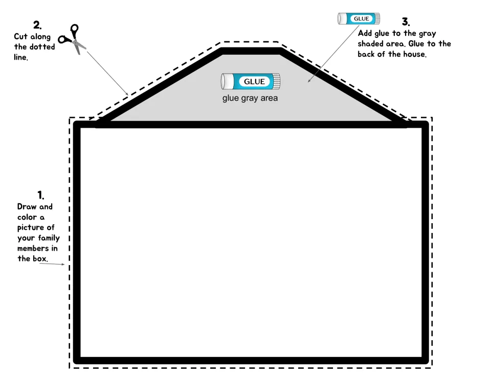 Family portrait template: students draw and color their family members, cut it out and glue the gray flap behind the house