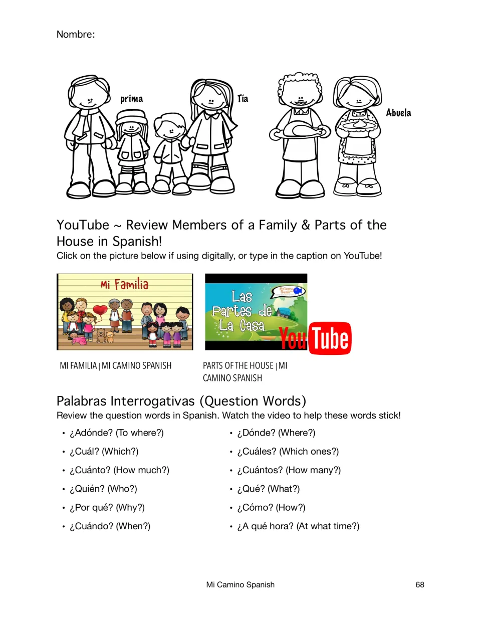 Family labeling continues with prima, Tía and Abuela, plus a list of 12 Spanish question words with English meanings