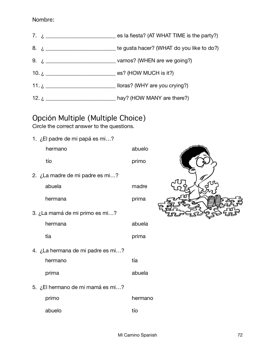 Question-word sentences 7 to 12, then Opción Multiple: students circle the right family word for 5 relationship questions