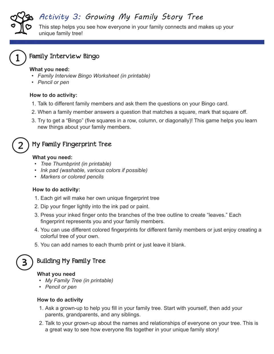 Family tree activity directions: Family Interview Bingo, My Family Fingerprint Tree, and Building My Family Tree