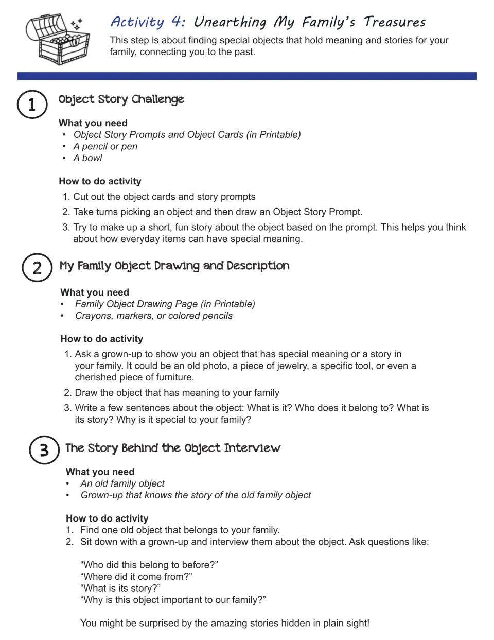 Family treasures activity directions: an object story game, an object drawing, and a family object interview