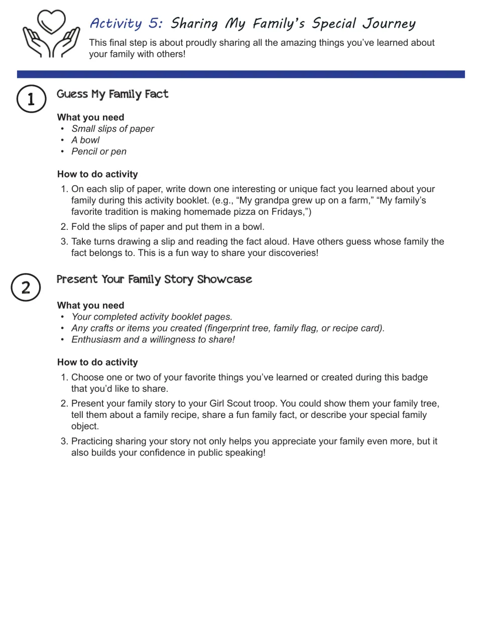 Family sharing activity directions: Guess My Family Fact and a showcase of completed pages, crafts, or objects