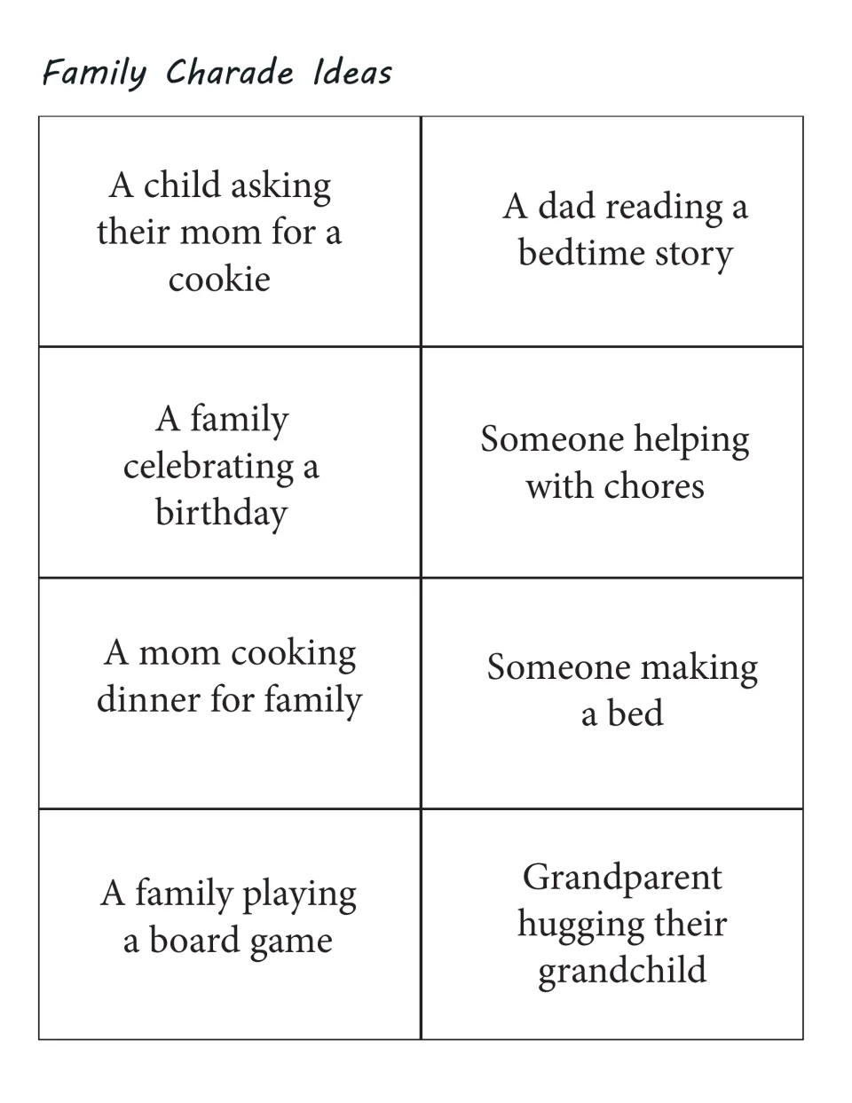 Eight family charade cards: asking for a cookie, reading a bedtime story, celebrating a birthday, and five more