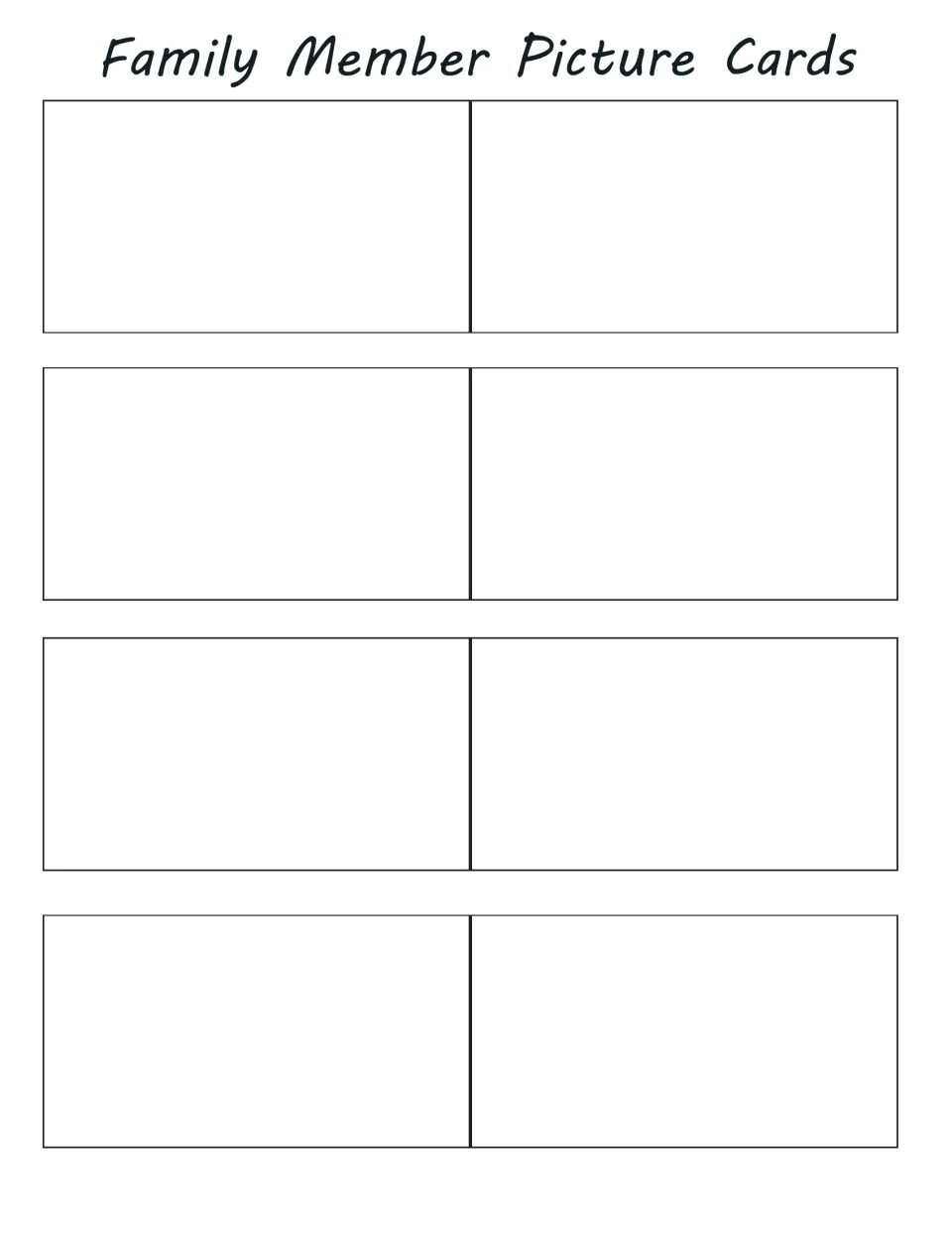 Eight blank family member picture cards for drawings or photos to match with relationship words in Activity 1