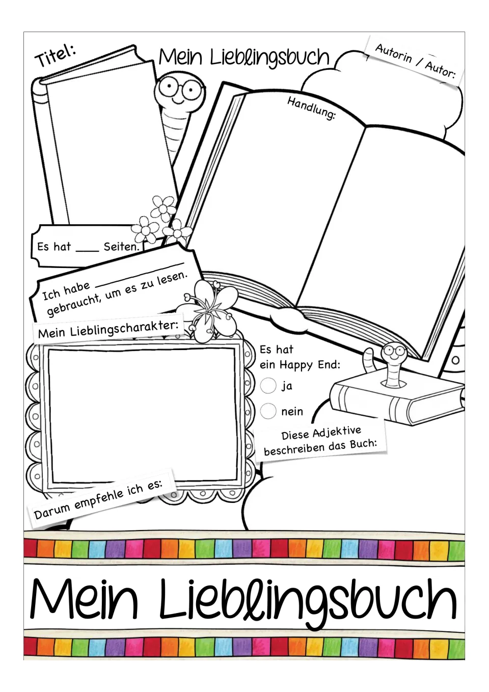 German favorite-book worksheet: title, author, plot, page count, reading time, and favorite character.