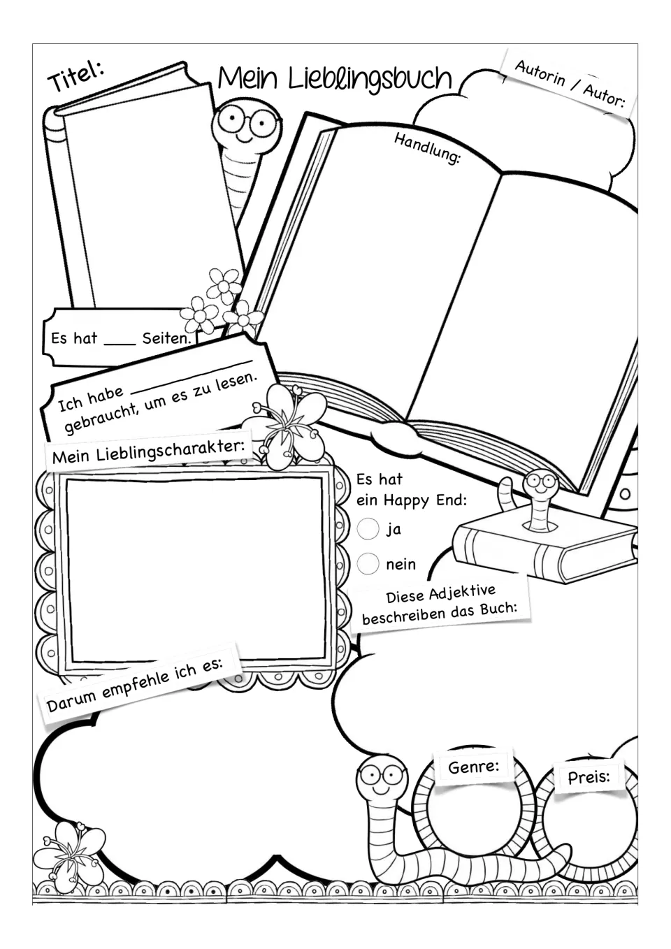 German favorite-book worksheet variant adds genre and price to prompts about the plot and a recommendation.