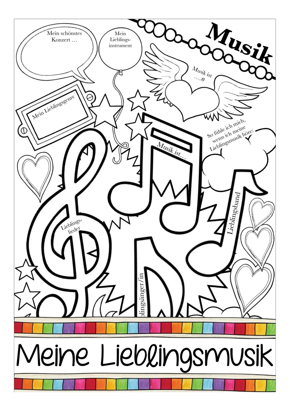 German music worksheet version 1, titled 'Meine Lieblingsmusik' (My Favorite Music), with preference prompts.