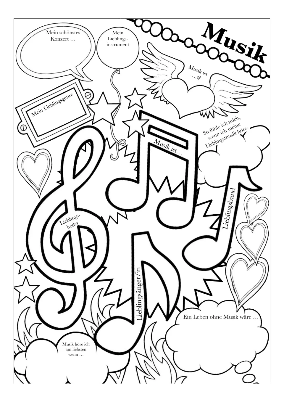 German music worksheet version 2 adds prompts about when students listen to music and life without music.