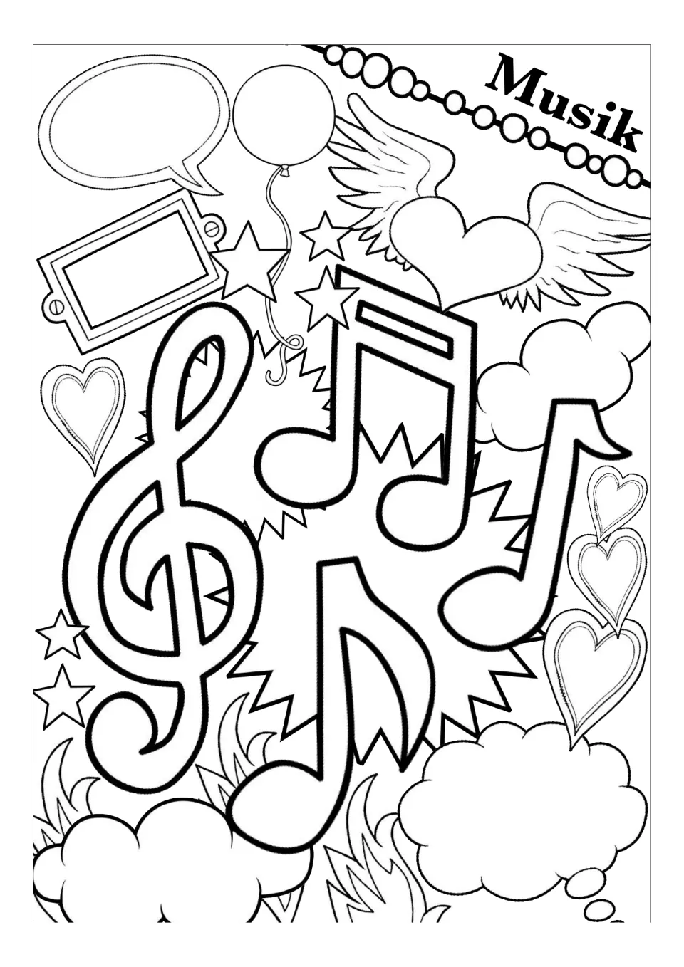 German music worksheet version 3 has no response prompts and includes musical notes and a treble clef to color.