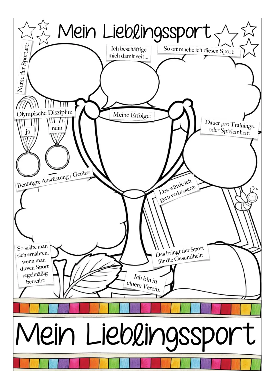 German favorite-sport worksheet version 1: prompts for the sport's name, practice frequency, and achievements