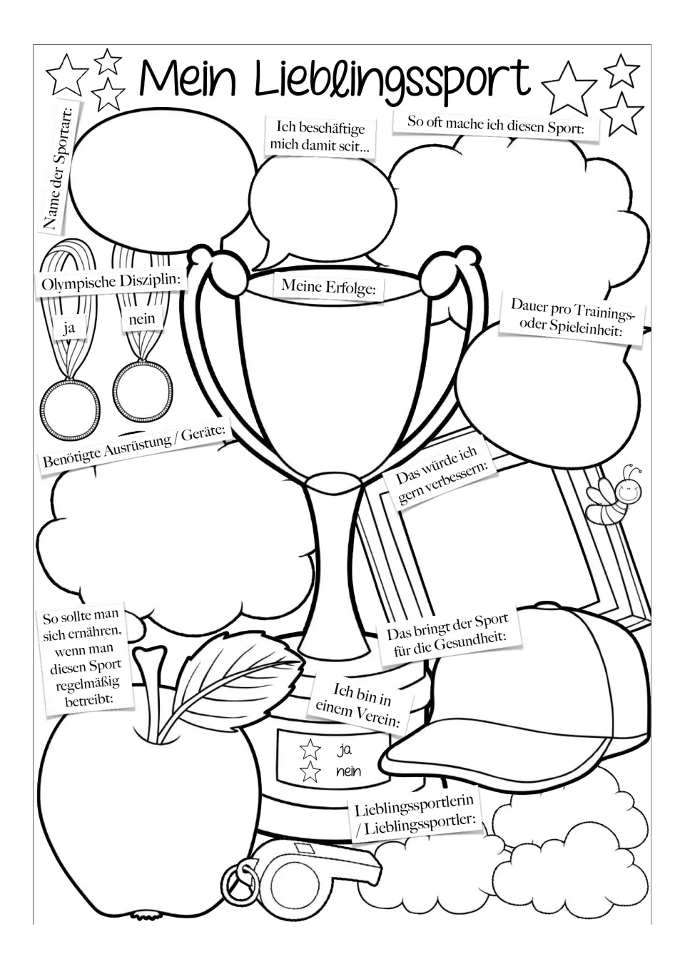 German favorite-sport worksheet version 2: prompts include equipment, health benefits, and favorite athlete