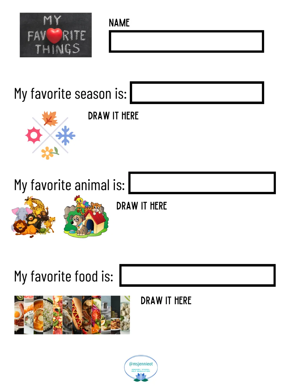 My favorite things: students write their favorite season, animal and food, then draw a picture of each choice