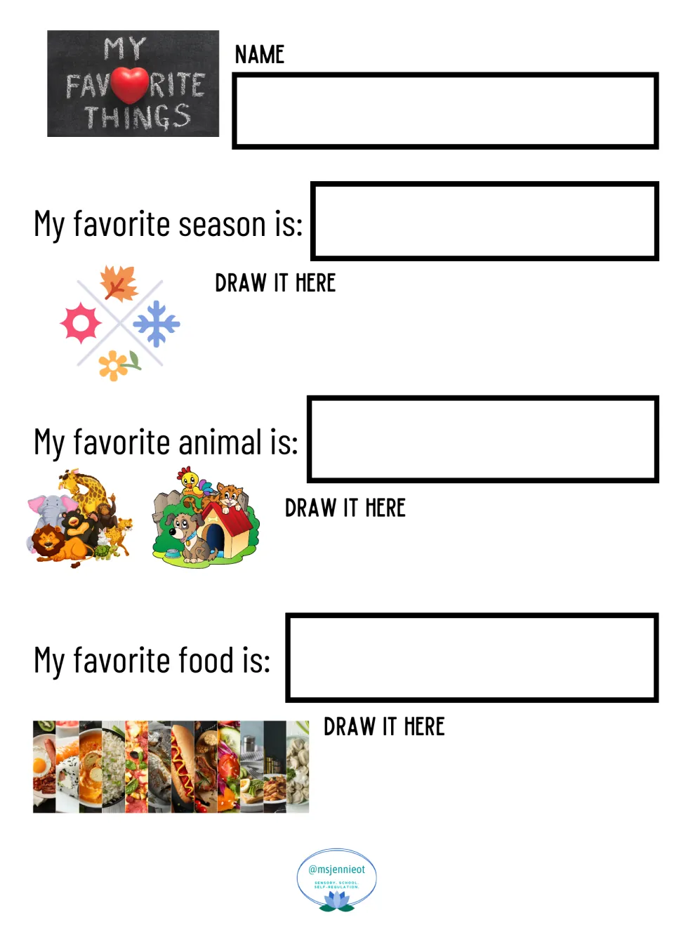 Favorite season, animal and food, second version: students name each favorite in a larger write-in space and sketch it