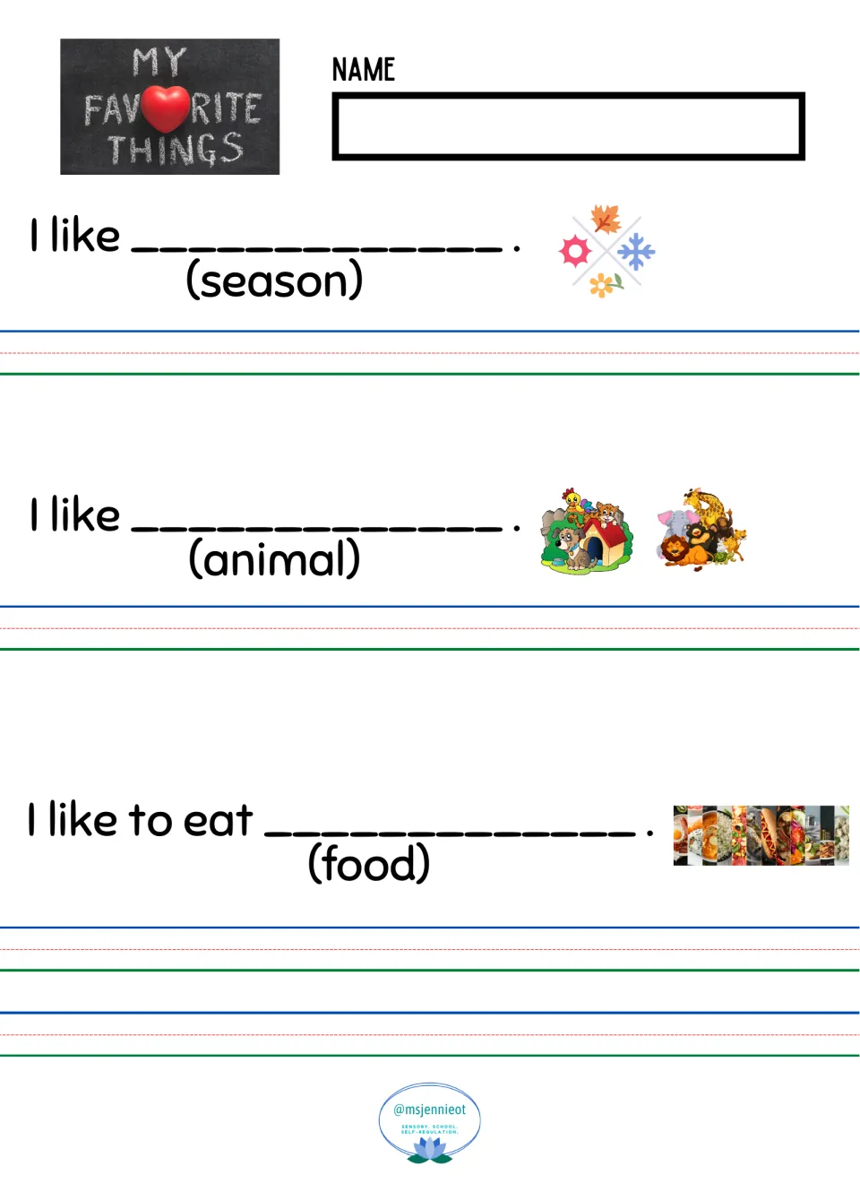 Sentence frames: students fill in three I like blanks naming their favorite season, animal and food to eat
