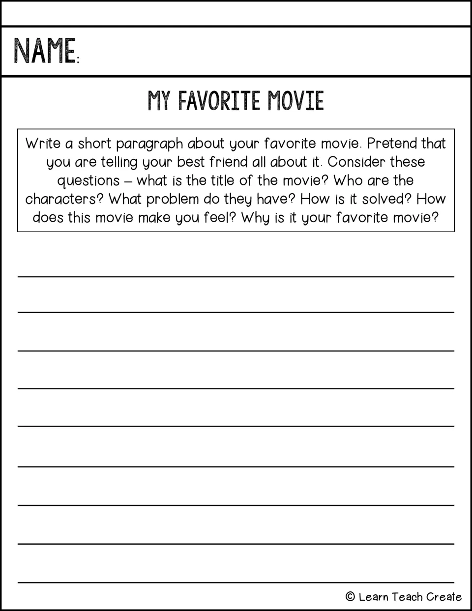 Favorite movie paragraph prompt asks about the title, characters, problem, solution, and personal feelings