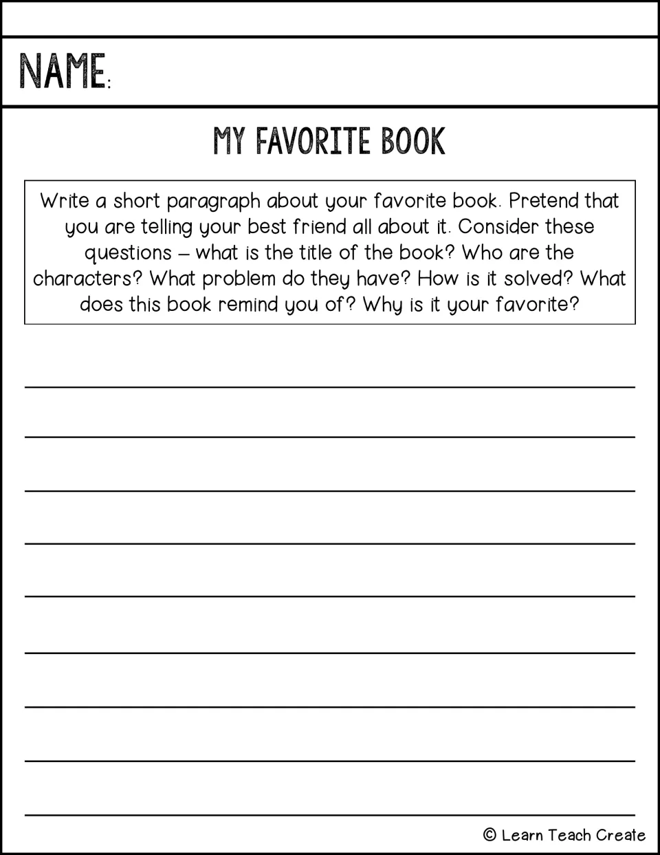 Favorite book paragraph prompt asks about the title, characters, problem, solution, and personal connections