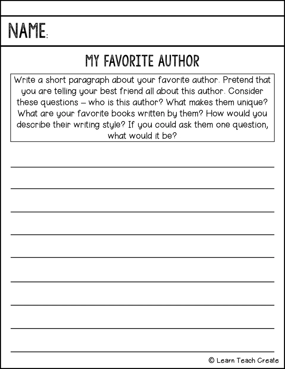 Favorite author paragraph prompt asks about their books, writing style, and a question to ask the author