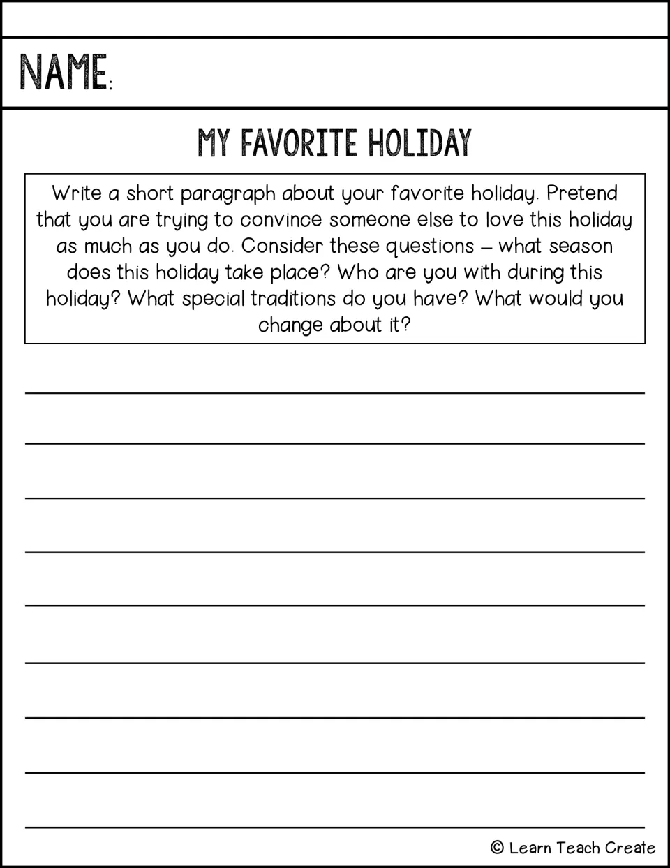 Favorite holiday paragraph prompt asks students to persuade a reader using details about their holiday