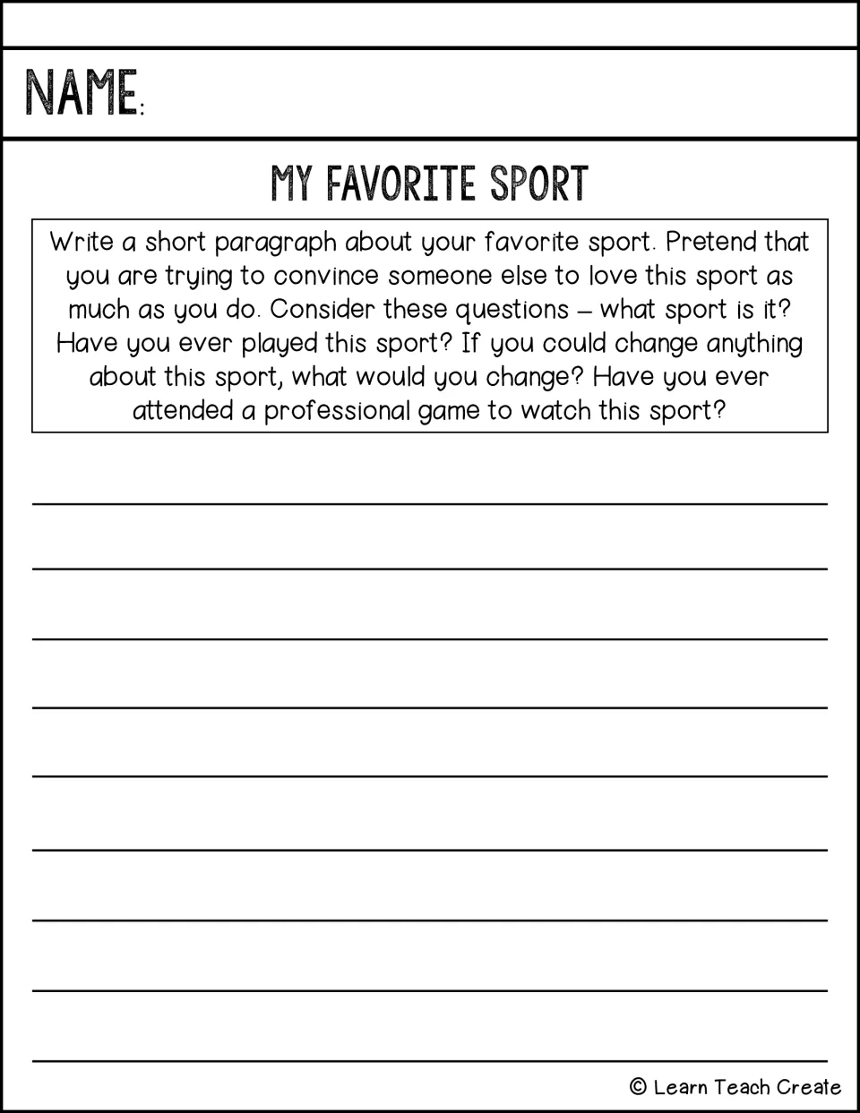 Favorite sport paragraph prompt asks about playing the sport, changing it, and attending a professional game