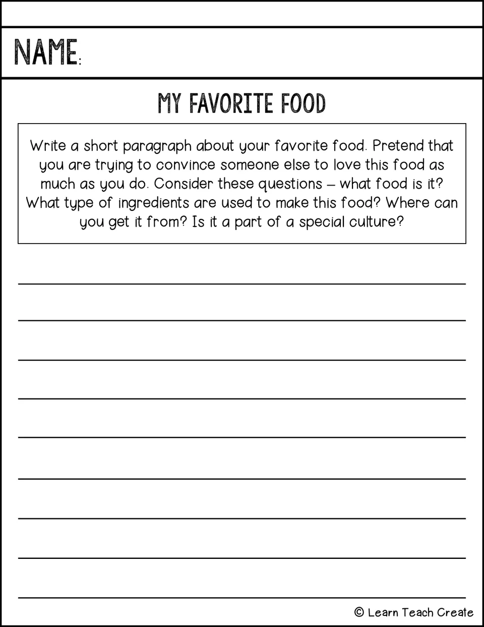 Favorite food paragraph prompt asks students to persuade a reader with ingredients, sources, and culture