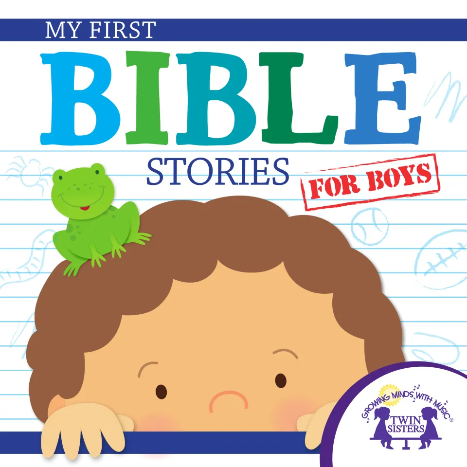 My First Bible Stories for Boys eBook cover: a boy with curly brown hair peeking up, with a green frog on his head