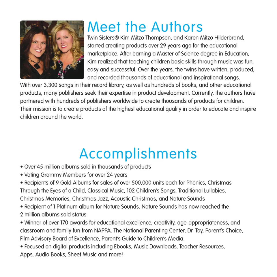 Meet the Authors page: Twin Sisters Kim Mitzo Thompson and Karen Mitzo Hilderbrand, with a list of accomplishments