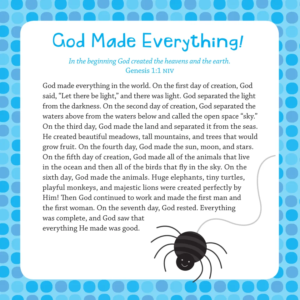 'God Made Everything!' story with Genesis 1:1, retelling the seven days of creation from light to God's day of rest