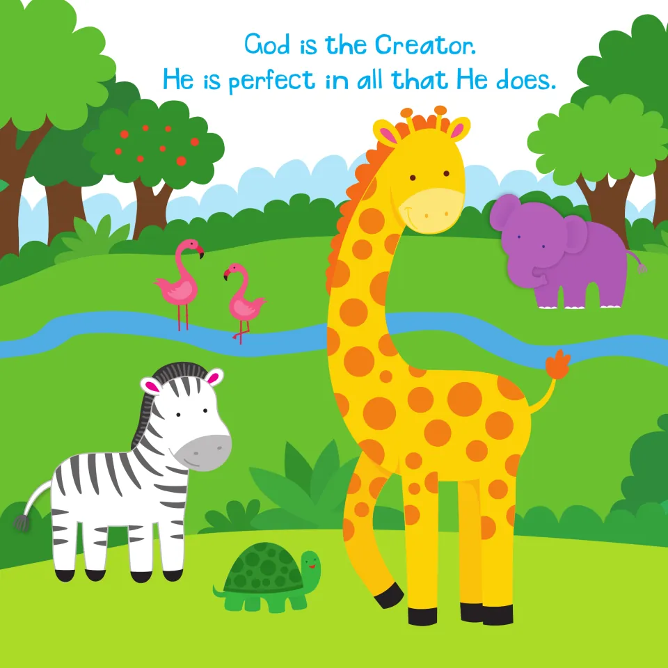 Creation story picture page: 'God is the Creator. He is perfect in all that He does.' with a giraffe and zebra