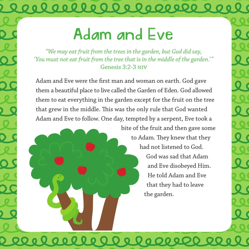 'Adam and Eve' story with Genesis 3:2-3: tempted by a serpent, Eve eats the forbidden fruit and they leave Eden